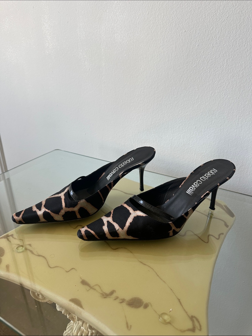 Roberto Cavalli Black & Beige Giraffe-Print Pointed Mule Heels